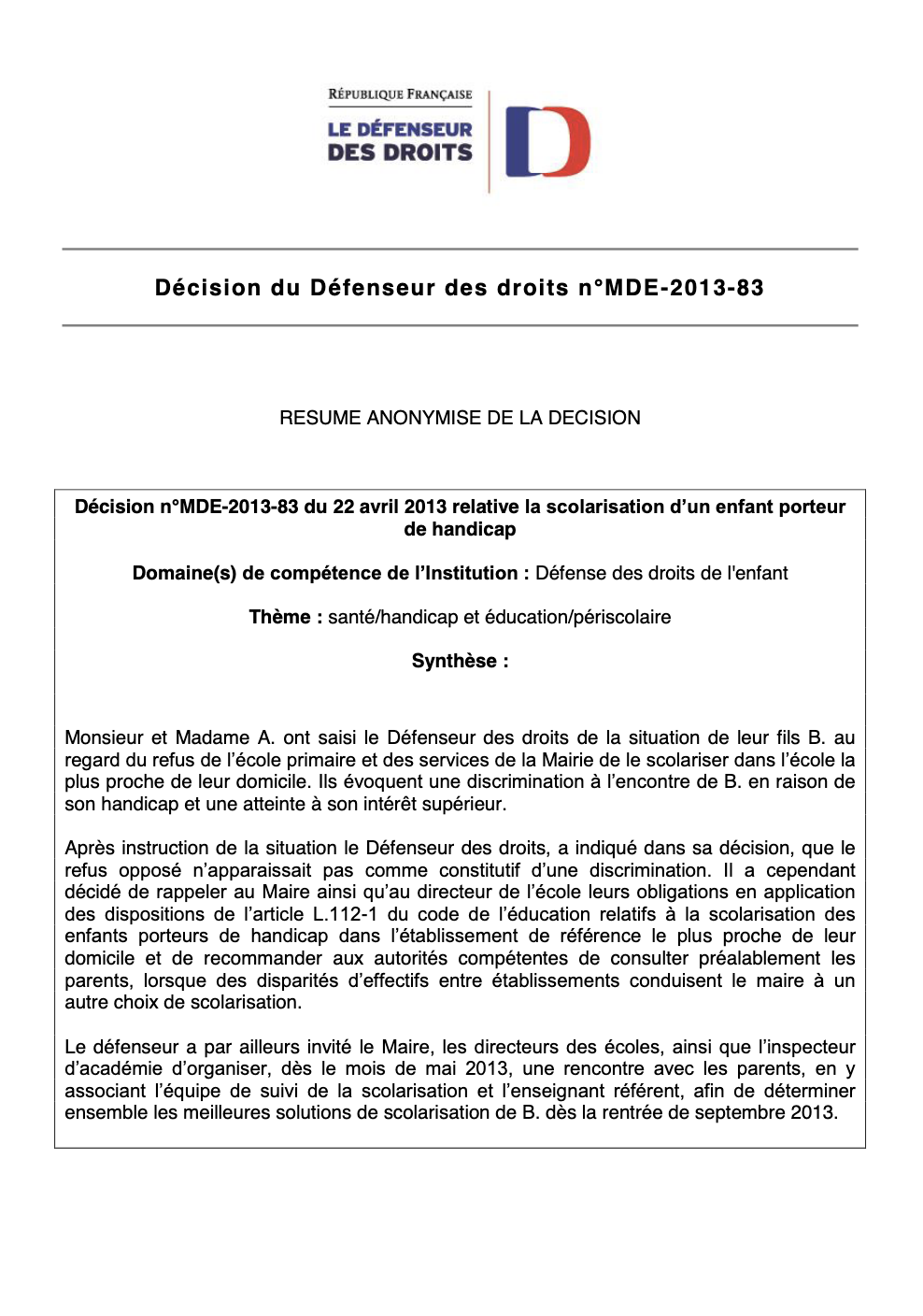 Décision du Défenseur des droits n°MDE-2013-83