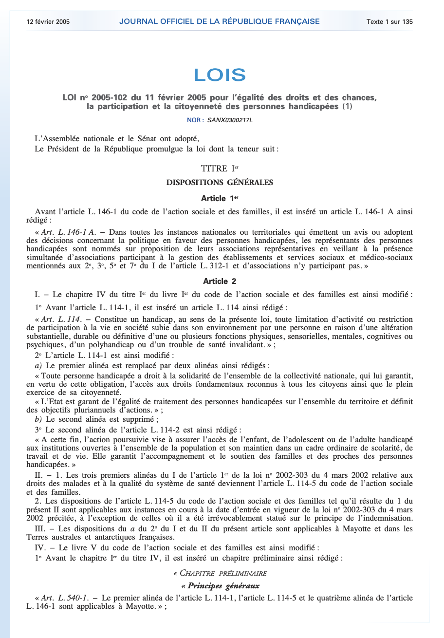 Loi du 11 février 2005 pour l’égalité des droits et des chances, la participation et la citoyenneté des personnes handicapées